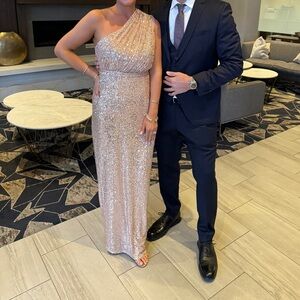 Mac Duggal Sequin One-Shoulder Maxi Dress in Gold